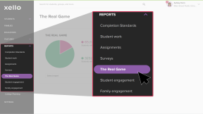 left menu open in educator account. Report dropdown open and The Real Game is being selected